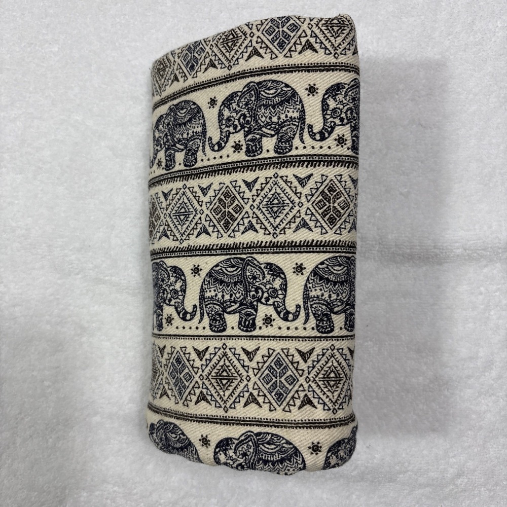 Thai Elephant Print Canvas Drawstring Backpack Bag Boho Cream Navy 15x12x3 - Picture 7 of 7